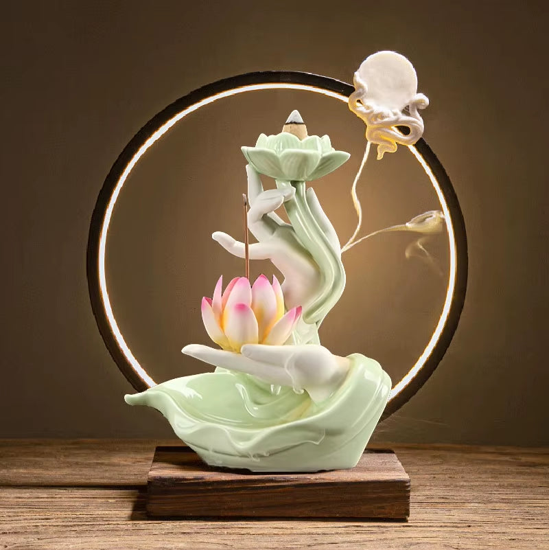 Chinese Style Buddha'S Hand Lotus LED Reflux Incense Burner Stand, Home Decoration Pure Handmade Lotus Fragrance Diffuser