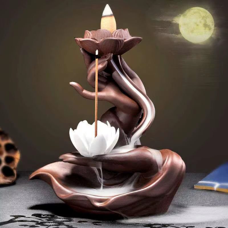 Chinese Style Buddha'S Hand Lotus LED Reflux Incense Burner Stand, Home Decoration Pure Handmade Lotus Fragrance Diffuser