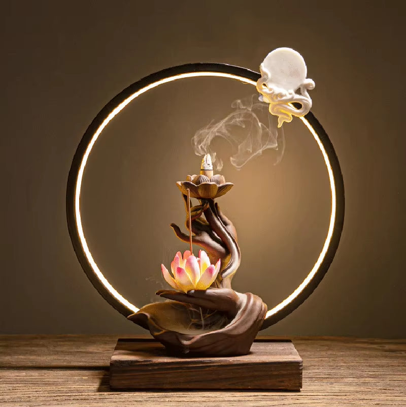 Chinese Style Buddha'S Hand Lotus LED Reflux Incense Burner Stand, Home Decoration Pure Handmade Lotus Fragrance Diffuser