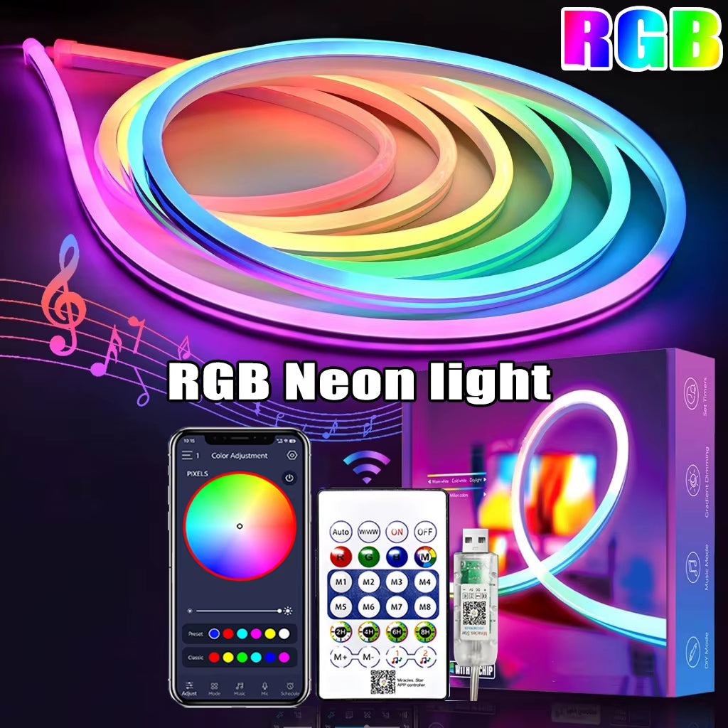 5V RGB Neon Strip Light 1M 2M 3M 5M USB Waterproof Flexible Ribbon Tape Neon Lights with Bluetooth Remote Control for Home Decor