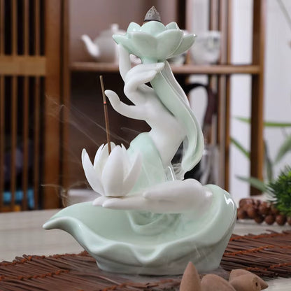 Chinese Style Buddha'S Hand Lotus LED Reflux Incense Burner Stand, Home Decoration Pure Handmade Lotus Fragrance Diffuser