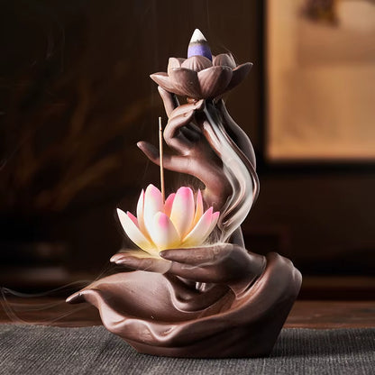 Chinese Style Buddha'S Hand Lotus LED Reflux Incense Burner Stand, Home Decoration Pure Handmade Lotus Fragrance Diffuser